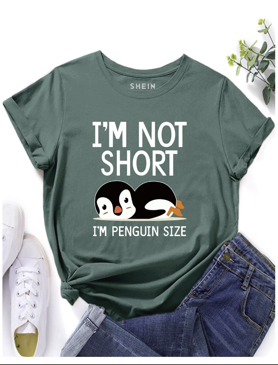SHEIN EZwear Penguin & Slogan Graphic Tee I'M NOT SHORT I'M PENGUIN SIZE