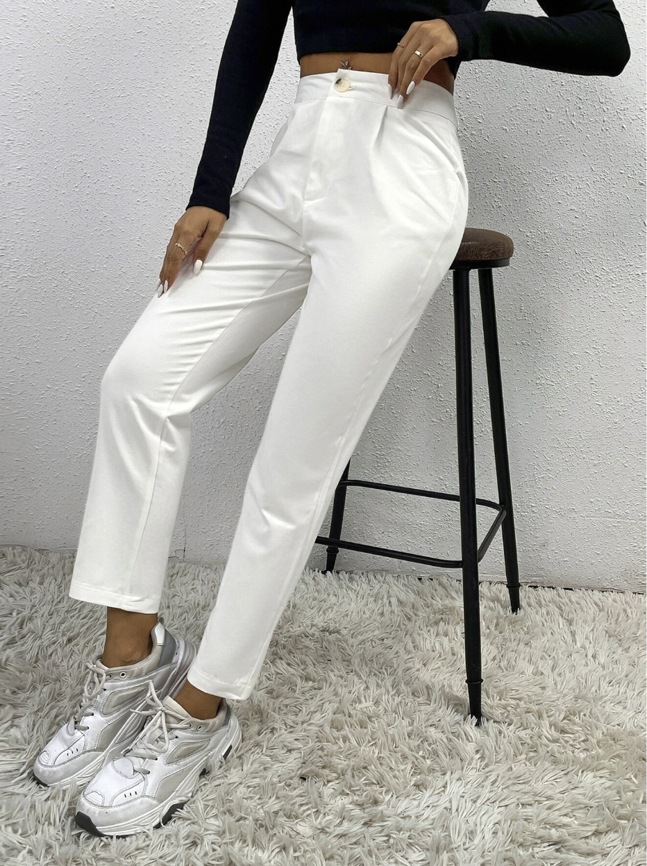 SHEIN PETITE Solid Fold Pleated White Pants