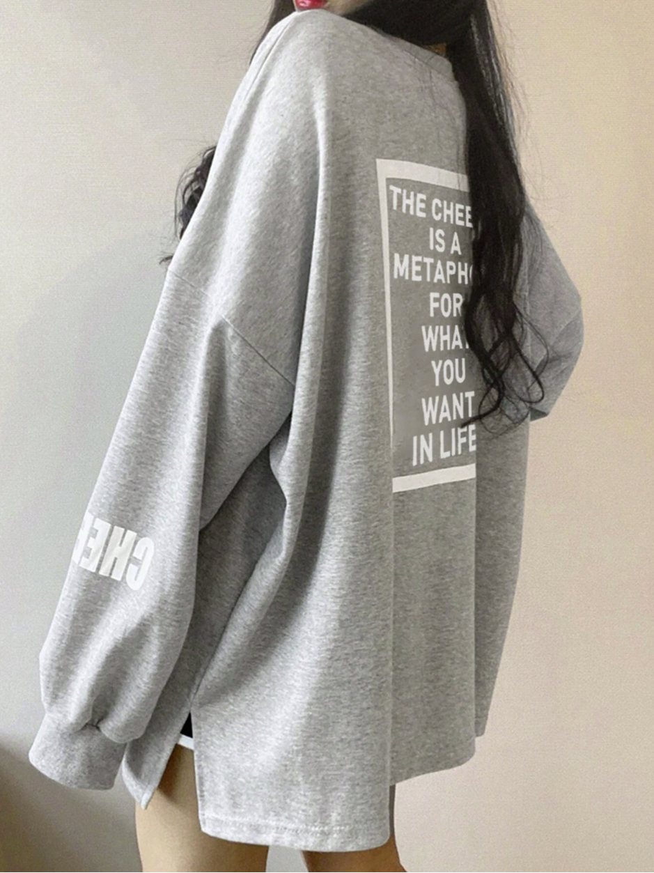 DAZY Women's Slogan Printed Drop Shoulder Long Sleeve T-Shirt