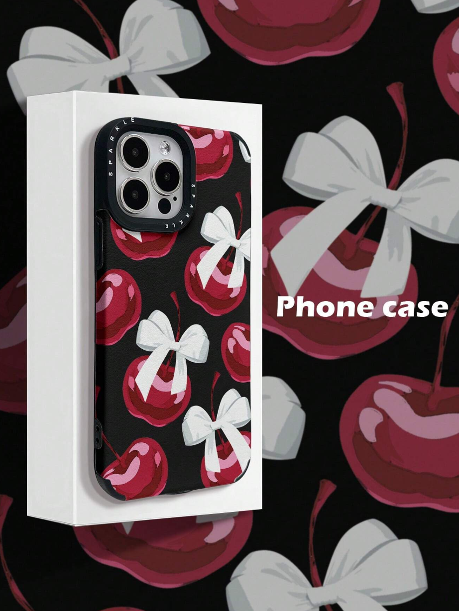 Valentines 1pc Fashionable Frame Letter, Cherry Bow Leather Shockproof Phone Case