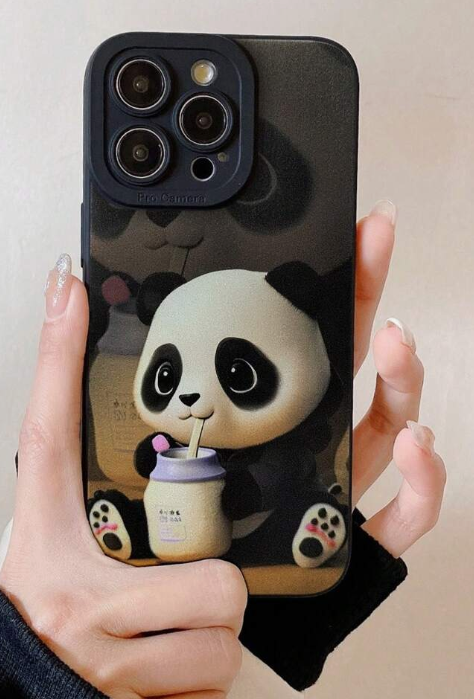 Cute Panda Print Protective Phone Case With Lens Cover, Black Color