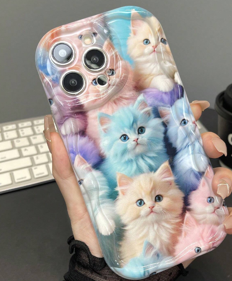 1pc Fashionable Thickened Anti-Fall Phone Case With Shiny Cat Print