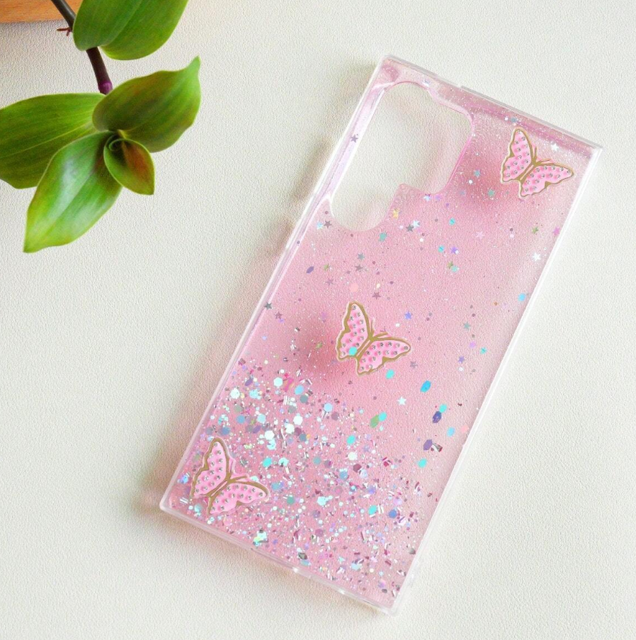 Baby Pink Glitter Butterfly Rhinestone Drop-Proof Mobile Phone