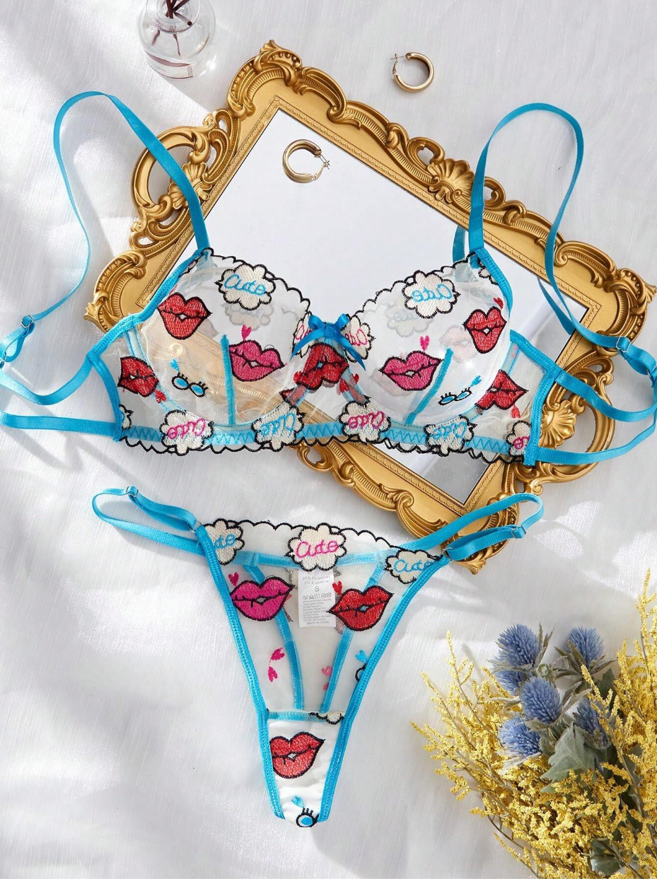 2pcs Women Blue Lace Sheer Embroidered Sexy Lingerie Bra Set
