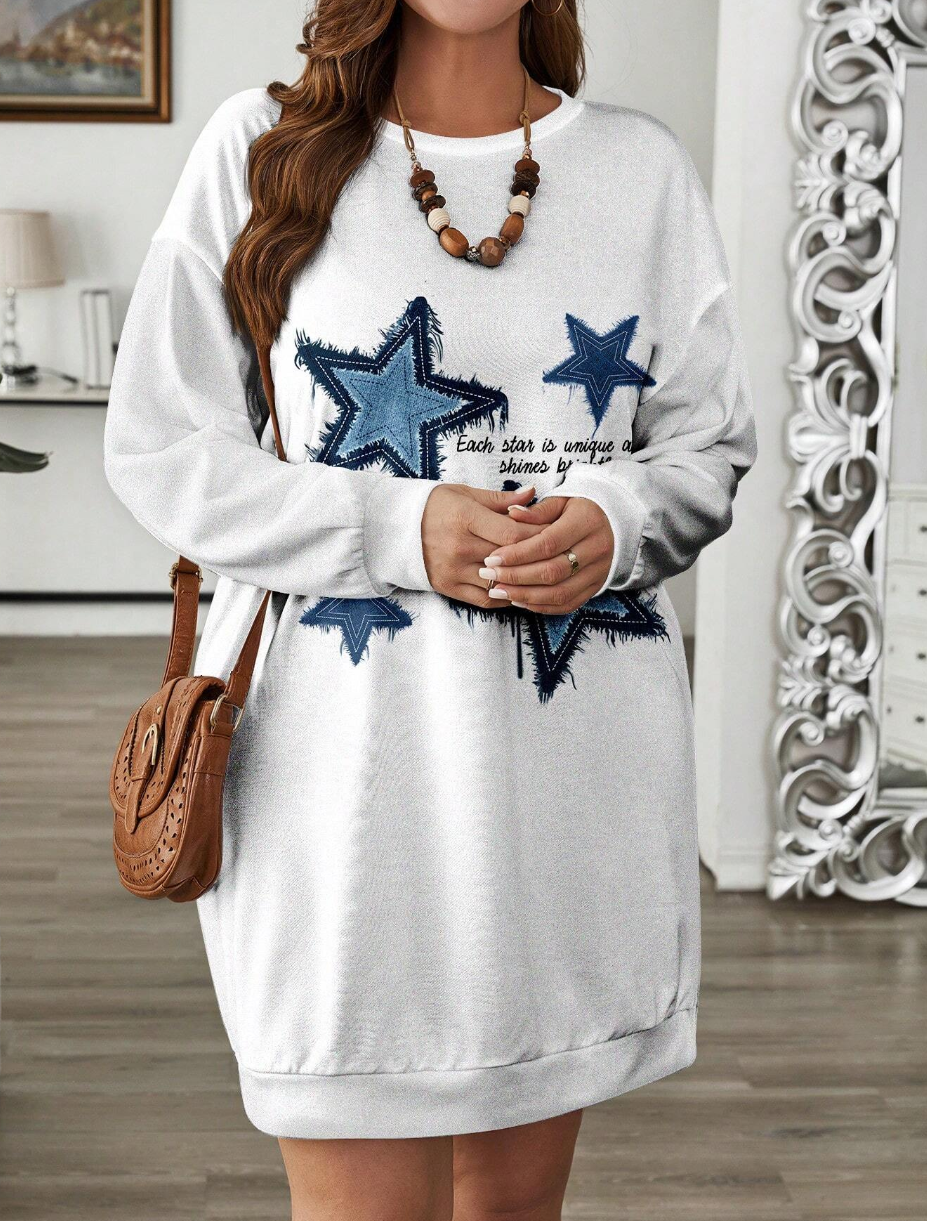 SHEIN Clasi Plus Size Casual Star & Slogan Printed Long Sweatshirt Dress, Fall Women Clothes