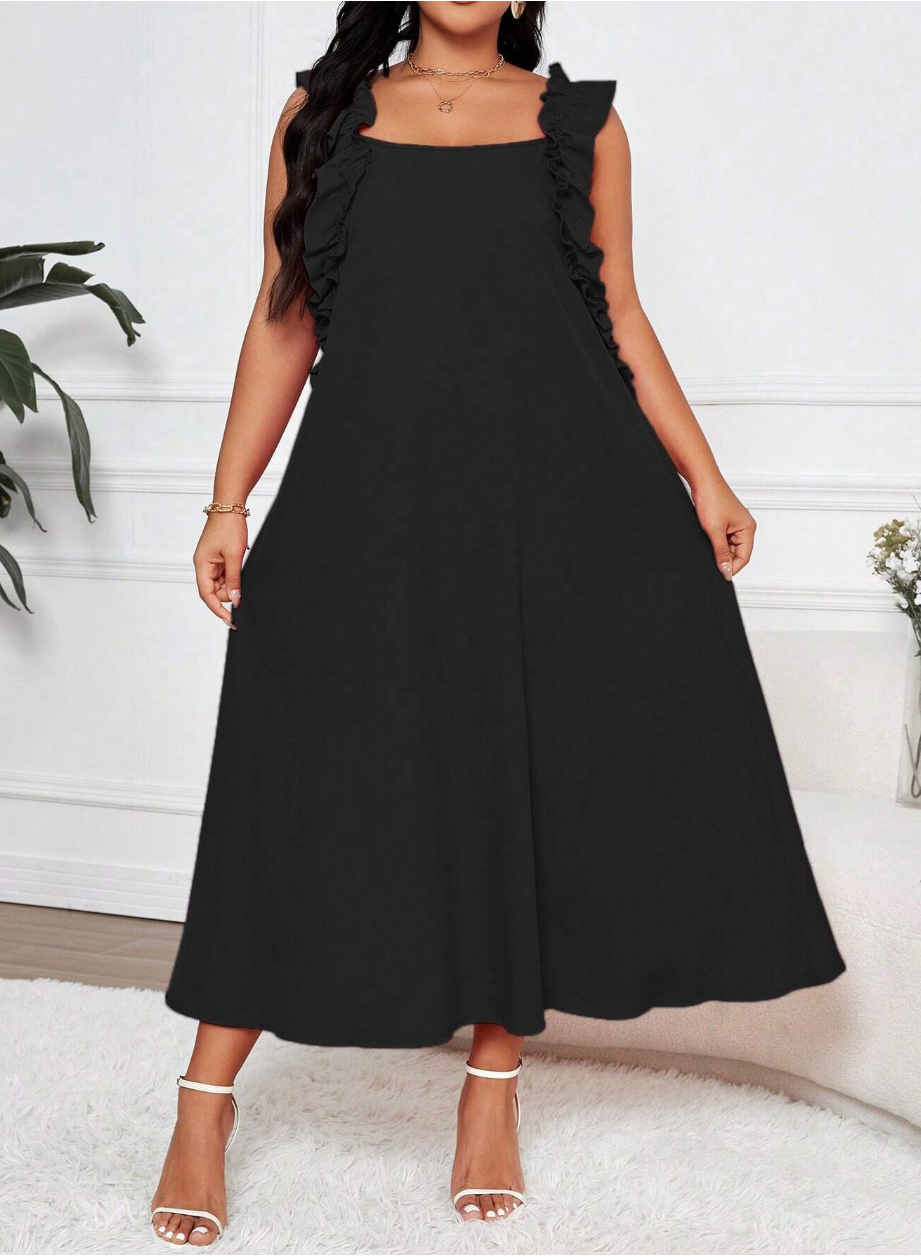 Celure Plus Size Women's Summer Solid Color Splicing Ruffle Hem Elegant Dress