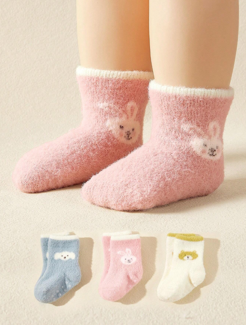 3pairs Baby Boys' & Girls' Thick Warm Mid-calf Socks With Non-slip Bottom For Winter
