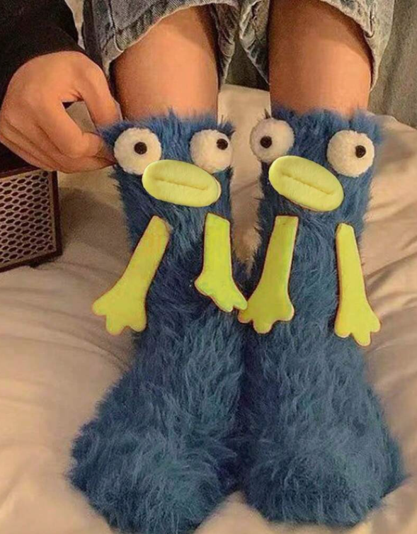 1pair Cute Ugly Doll Big-eyed Plush Socks For Women, Thick