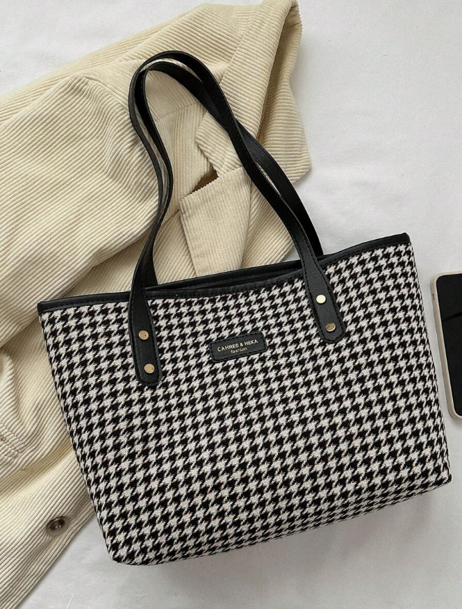 Large Capacity Minimalist Tote Bag With Check Pattern & Rivet Decoration