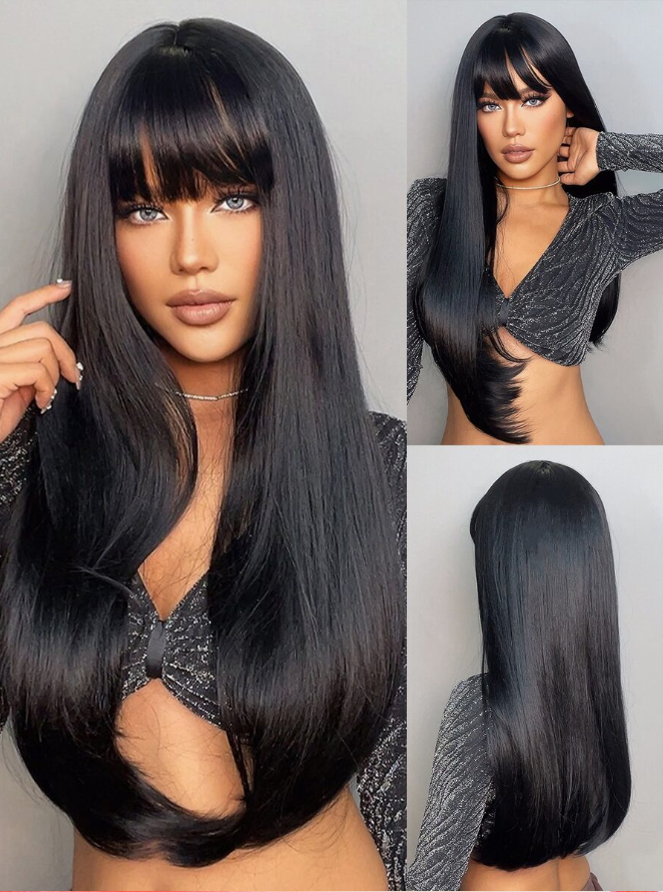 Black Long Straight Wigs For Women, Natural Black Synthetic Wigs With Bangs