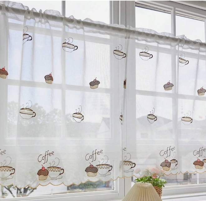 2pcs American Style Country White Embroidered Half Curtain Coffee Short Tulle