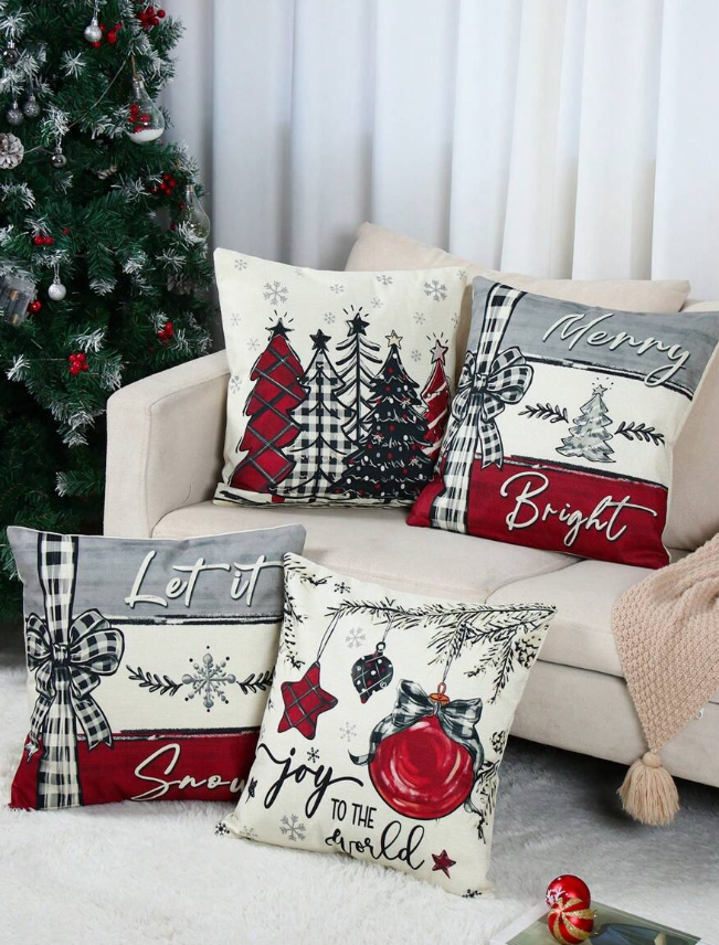 4pcs 4545cm Christmas Decorative Pillowcase Linen Square Cushion Cover