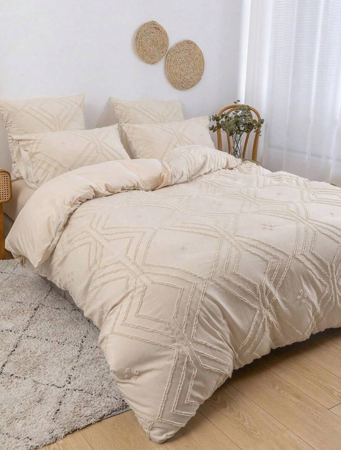 3pcs Khaki Grid Pattern Cut-out Polyester Duvet Cover Set, Simple White Polyester Bedding Set