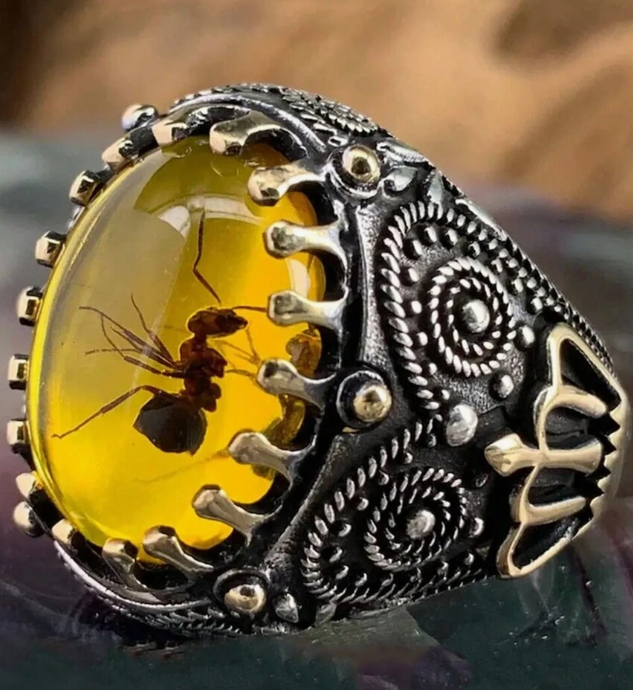 1pc Vintage Big Oval Simulated Ambers Stone Ring For Men Women Ancient