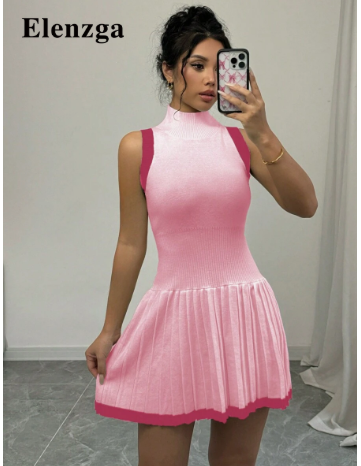 Elenzga Women Colorblock Sleeveless Ruched Sweater Dress