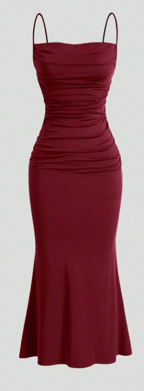 Sweetra Solid Ruched Cami Dress Burgundy Maxi Women Outfit