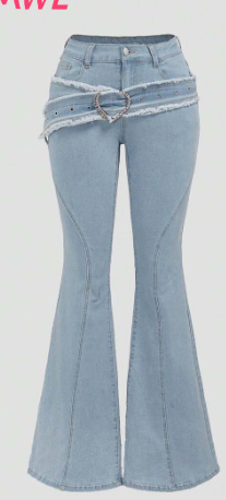 ROMWE Grunge Punk Women's Flared Jeans With Rhinestone Heart Ring Decoration