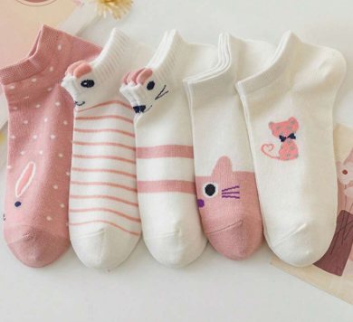 5pairs Women Cat Detail Cute Ankle Socks For Daily Decoration