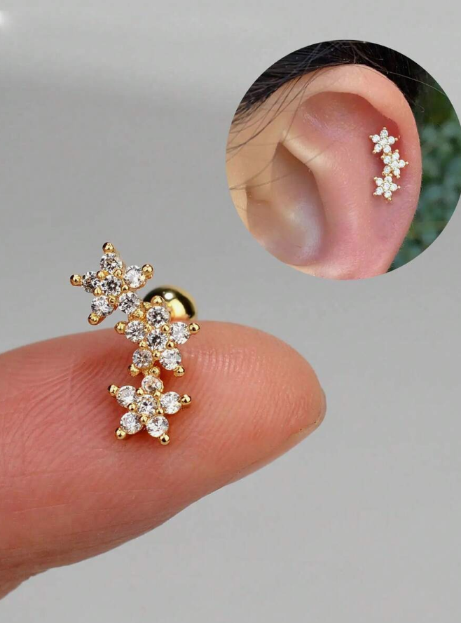 1pc Stud Stainless Steel Zirconia Metal Earring, Curved Helix Ball Round Iridescent Stripe Petal Patina Ear Nut with Screw Lock New Style