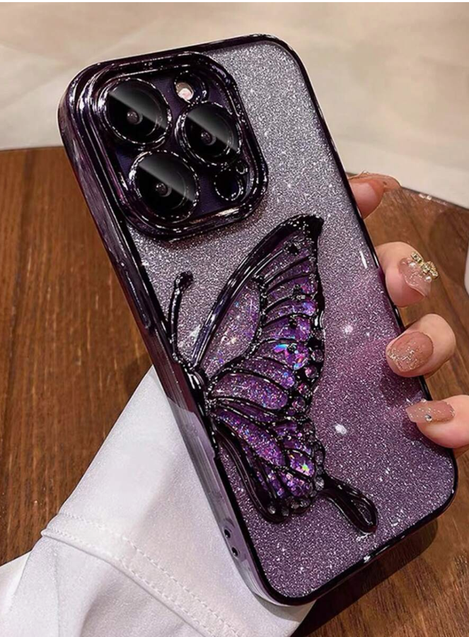 Electroplated Shockproof Phone Case with Gradient Sequin Beaded Wing Design, with Lens Film, Compatible with Apple iPhone 16, 17/17 Pro/17 Pro Max Series, Waterproof and Scratch Resistant