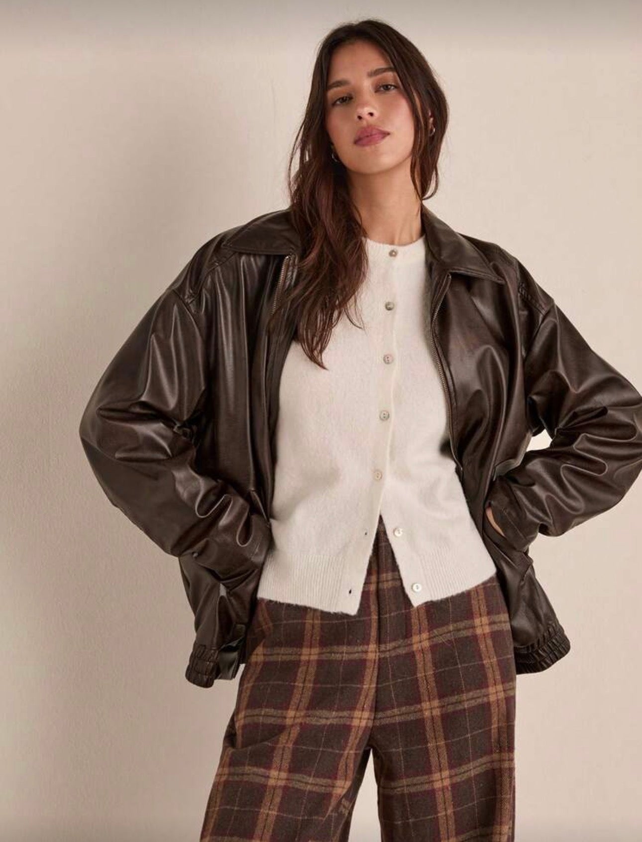 Easelle Coffee Colored Woven Leather Jacket For Women In Fall/Winter