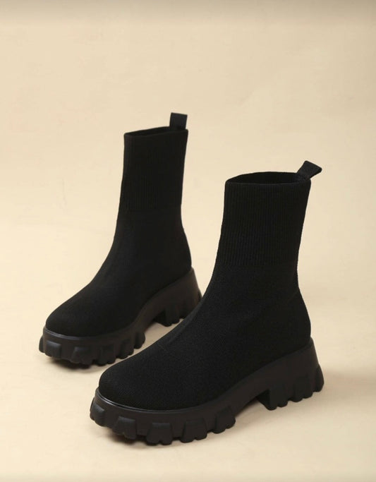 Ideal With Dress,Thick Soled, Wedge Heel, Knit, Sewing Thread, Solid Color, Comfortable, Casual, Daily, Non-Slip, Outdoor, Party, Fashionable, Winter Shoes Style, Stretchy Sock Boots For Women Shorts