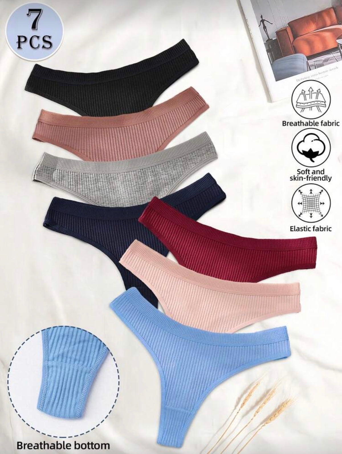 7pcs/Set Seamless Low Waist Sexy Ribbed Panties, Comfortable Breathable Yoga Sports Briefs & Thongs For Women, Everyday Wear