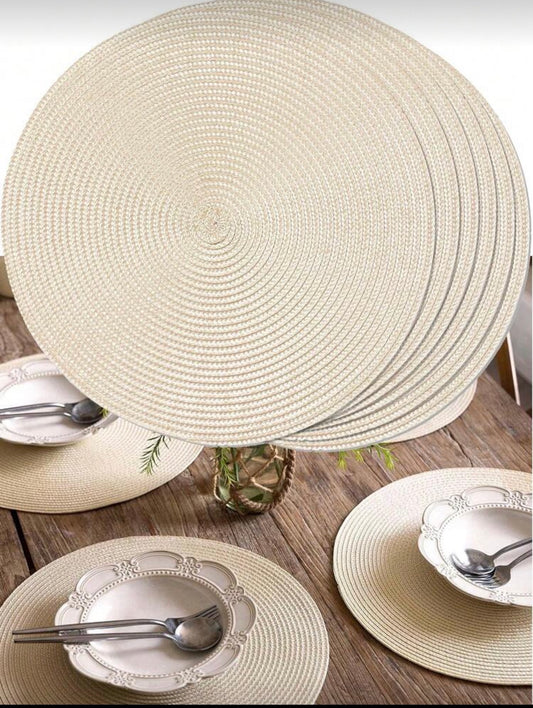 30/38cm Ivory White Plastic Hand-Woven Placemat, 12cm Coaster, Round Woven Placemat, Heat-Insulating Placemat, Decorative Placemat, Multiple Colors Available, Table Mat, Wrinkle-Resistant Placemat, Suitable For Birthday, Christmas, Halloween