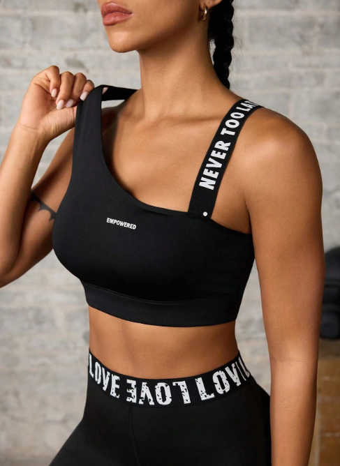 Powerista Women's Letter Print Sports Bra with Hollow Out Back and Asymmetrical Neck