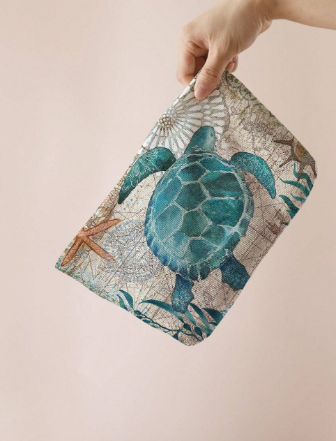 Double-sided printed velvet turtle cosmetic bag