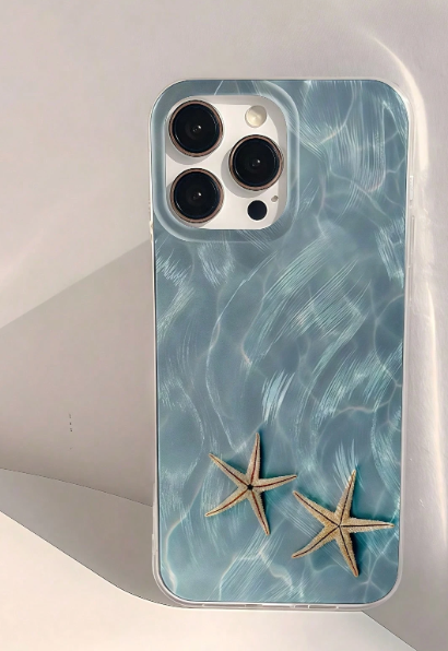 Blue phone case with 1 piece of starfish element and shiny graphic, waterproof, shockproof, non-slip and soft protective case compatible with iPhone, shockproof and scratch resistant