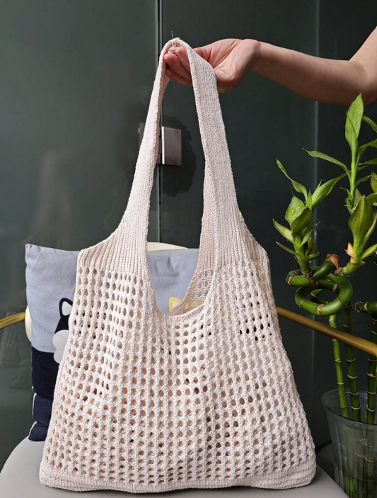 Women Girls Retro Knitted Shoulder Bag Hollow Weave Large Capacity Floral Decor Crochet Shopping Bag Crochet Handbags for Women Summer Beach Bag