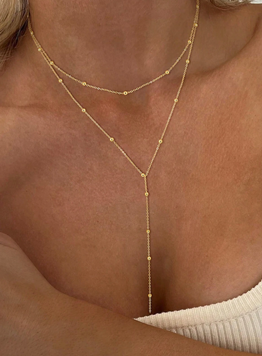 1 Piece Stainless Steel Double Layer Long Necklace with Y-Shaped Pendant, Double Chain Necklace with Round Ball Pendant for Women Daily Wear