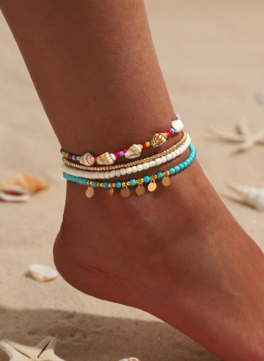 1 Set Bohemian Style Beach Anklets, Simple and Fashionable for Women with Natural Stone, Turquoise, Disc Chain and Shell Beads, 4 Pieces in Total for Daily Wear and Beach Party