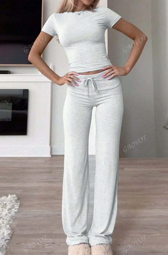 Women's Y2K Style Autumn Casual Sportswear Two-Piece Set: Solid Round Neck Short-Sleeved T-Shirt and Slim-Leg Straight-Leg Pants