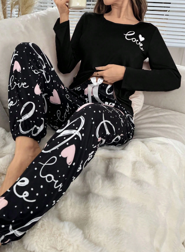 Heart and Letter Graphic Pajama Set, Fall Clothes