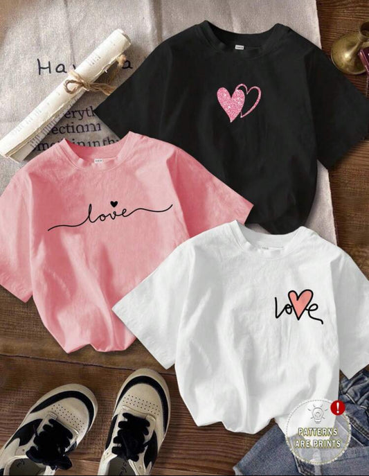 SHEIN 3pcs/Set Young Girl Casual Cartoon Heart & Letter Graphic Round Neck Short Sleeve T-Shirts, Suitable For Summer, School, Campus, College