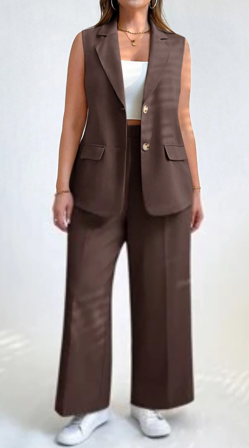 Auralis Women's Casual Solid Button-Front Sleeveless Blouse and Pants Set, Plus Size, Fall/Winter