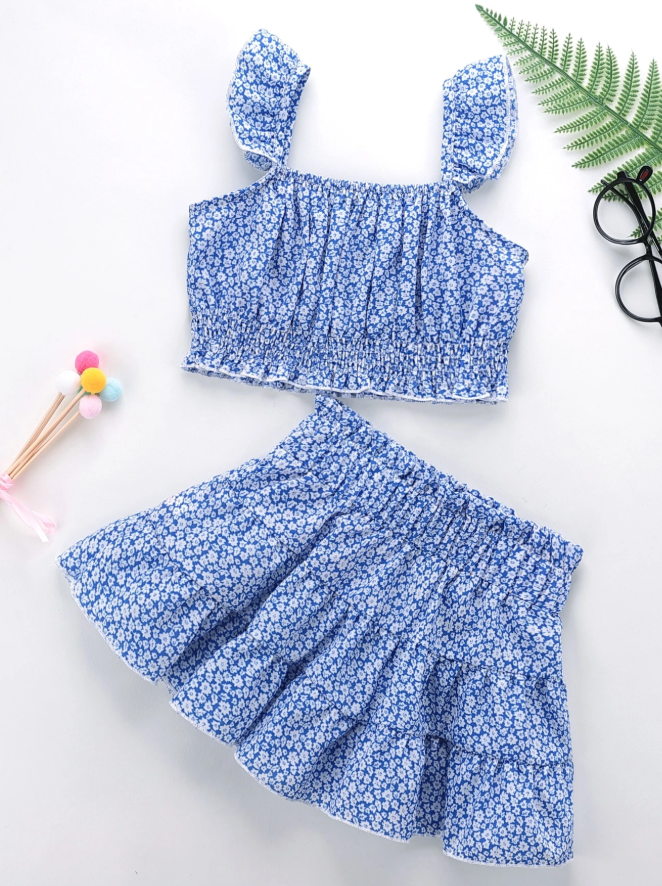 SHEIN Juniors Girls' Shirred Floral Ruffle Trim Top with Paperbag Waist Skirt