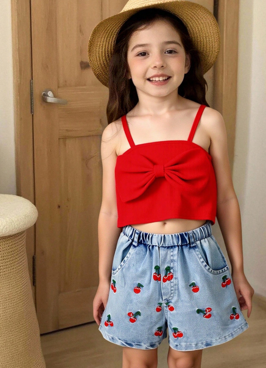 SHEIN Girls' 2-Piece Red Bowknot Cami Top & Cherry Embroidered Blue Denim Shorts Set, Cute Casual Summer Vacation Clothes Set