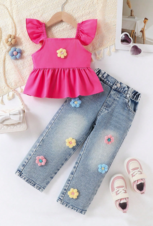 SHEIN Girls' 2-Piece Set: Light Blue Denim Short Sleeve Blouse & Light Blue Denim Jeans, Embellished with Plush 3D Flower Decor, Casual Chic Style for Daily & Outdoor Wear