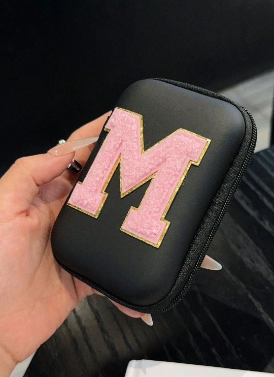 1 Piece Zipper Cable Organizer Bag with Alphabet Letter Embroidery, Purple Pattern on Black Background for Data/Charger/Earphone Cable Storage, Portable