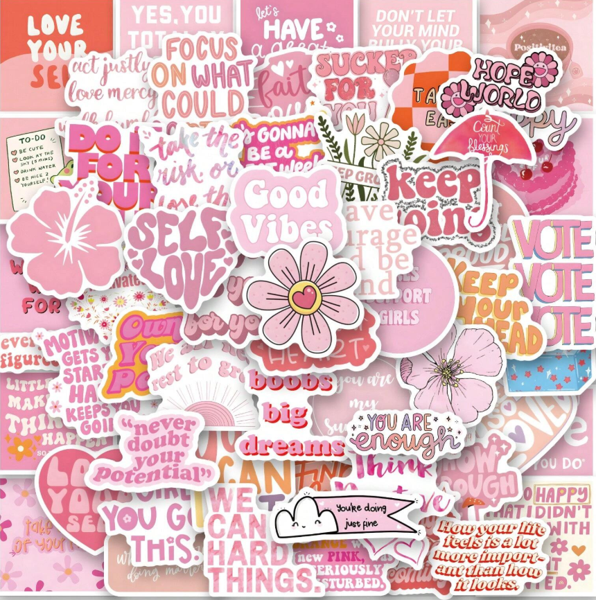 60 Pieces Pink Inspirational Vinyl Stickers for Scrapbooking, Journals, Laptops, Bumpers, Skateboards, Water Bottles, Computers, Phones, Cartoons, Helmets, Cars