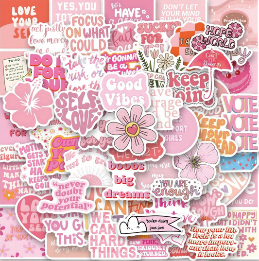 60 Pieces Pink Inspirational Vinyl Stickers for Scrapbooking, Journals, Laptops, Bumpers, Skateboards, Water Bottles, Computers, Phones, Cartoons, Helmets, Cars