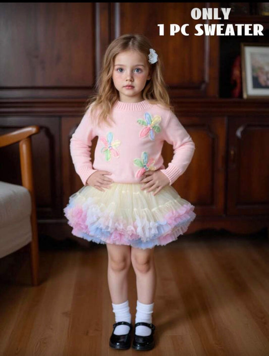 Young Girl Cute Floral Embroidered Mesh Round Neck Long Sleeve Sweater,Pink,Winter,Fairy,Holiday,Party Autumn Fall