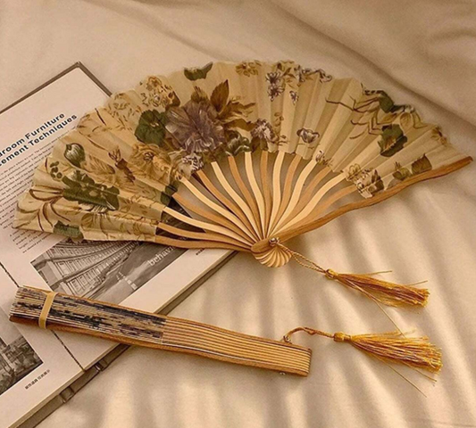 1/2 Pieces Girls Bamboo Folding Fan with Tassels and Flowers,