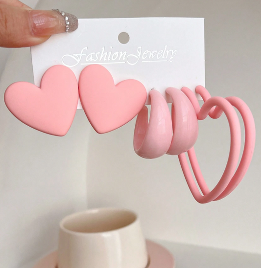 3 Pairs Creative Exaggerated Heart Design Oversized Geometric Earrings Set