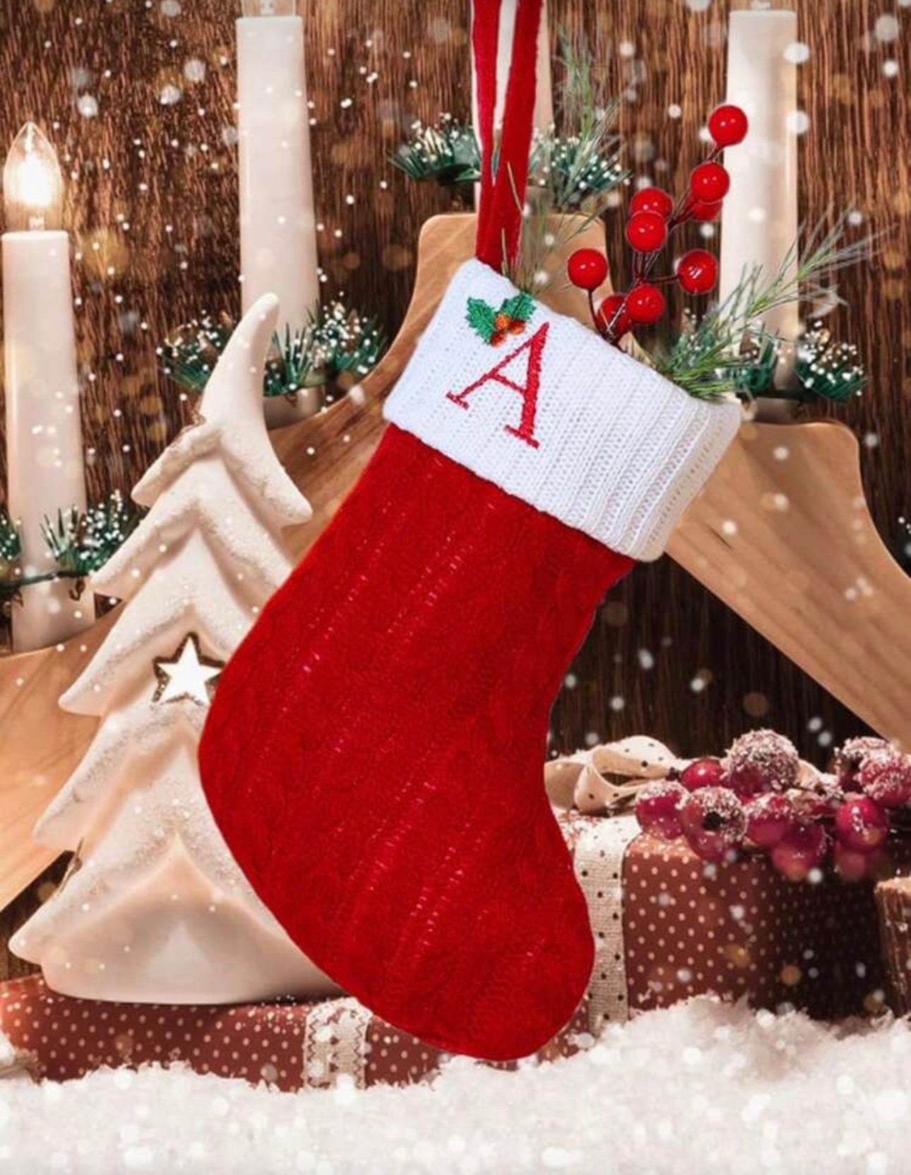 1pc Knitted Letter Christmas Stocking, Small English Letter Hanging Stocking, Double-Sided Fireplace Hanging Stocking, Suitable For Christmas Party Decoration, New Year Party Gift, Gift Supplies, Personalized Initial Christmas Stocking, Home Holiday Chris