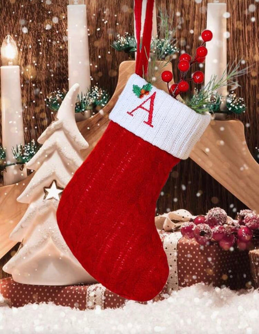 1pc Knitted Letter Christmas Stocking, Small English Letter Hanging Stocking, Double-Sided Fireplace Hanging Stocking, Suitable For Christmas Party Decoration, New Year Party Gift, Gift Supplies, Personalized Initial Christmas Stocking, Home Holiday Chris