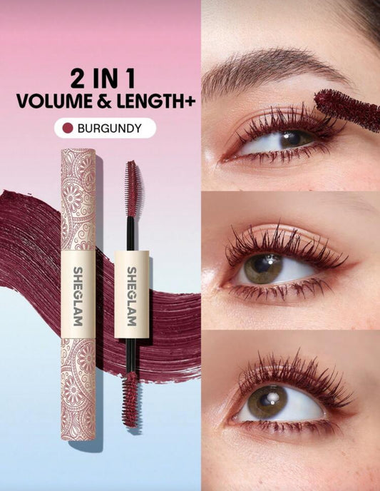SHEGLAM All-In-One Volume & Length Mascara-Waterproof Burgundy Waterproof Colorful Double Head Brush Easy To Remove No Smudge Curling Separation Thick Black Mascara